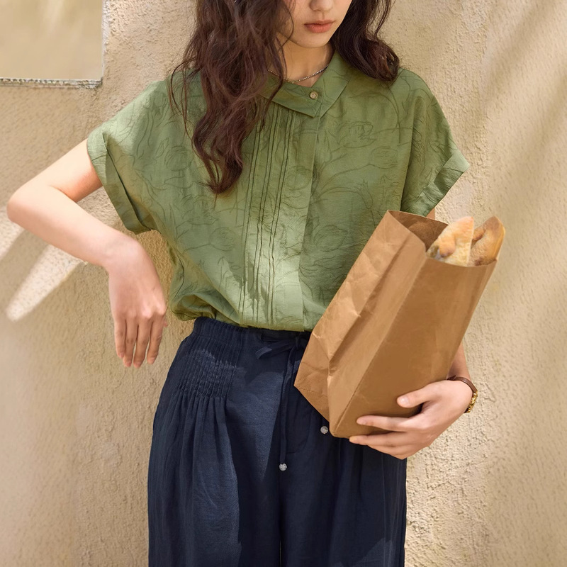 Lighter French Linen Jacquard Asymmetric Lapel Short-Sleeved Shirt for Women