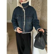 MMC立领牛仔外套女冬季新款加绒加厚高级感显瘦复古拼接短款夹克