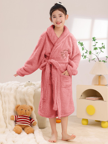 New coral velvet children's pajama robe long sleeve open jacket autumn winter girl middle child teenager sweet cute warm bathrobe
