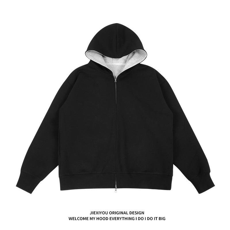 Cardigã masculino com blocos de cores, popular na Europa e nos Estados Unidos, de marca moderna, com toque sofisticado, com capuz e modelagem solta._voghion.com