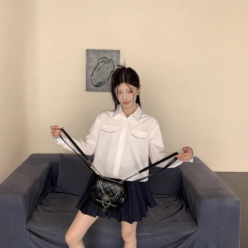 Shenzhen Nanyou Classy Original Small Fragrance Style 25 New Elbow Patch Design Blue Stripesd Trim Short Shirt
