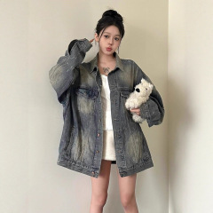 美式复古做旧磨破牛仔外套男女春秋新款潮牌宽松休闲夹克长上衣潮