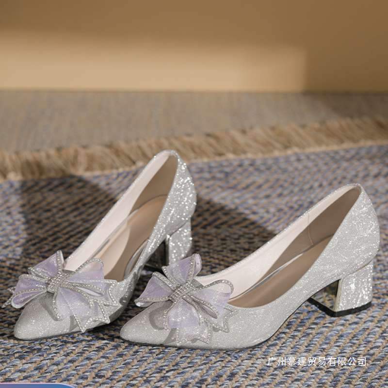 Wedding Shoes for Fat Feet and Wide Feet 2025 New Bow High Heels Widened and Fattened Pointed Toe Thick Heel Champagne Color Flats