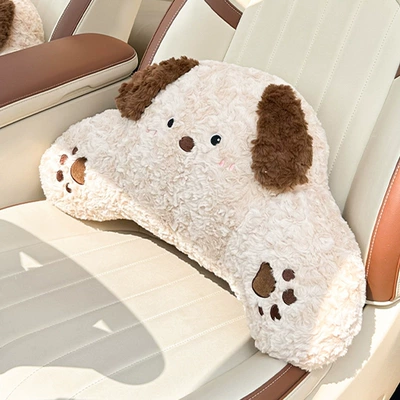 Plush Car Headrest and Lumbar Waist support - rabbit-fur-frayed-puppy-waistrest-khaki