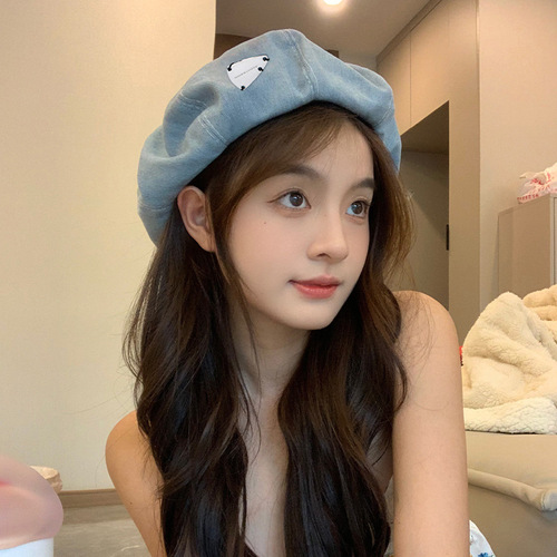 Women's Spring and Autumn Style Denim Beret Hat, Large Crown for a Charming Face, Simple Face Painter Hat, Retro and Versatile Summer Octagonal Hat