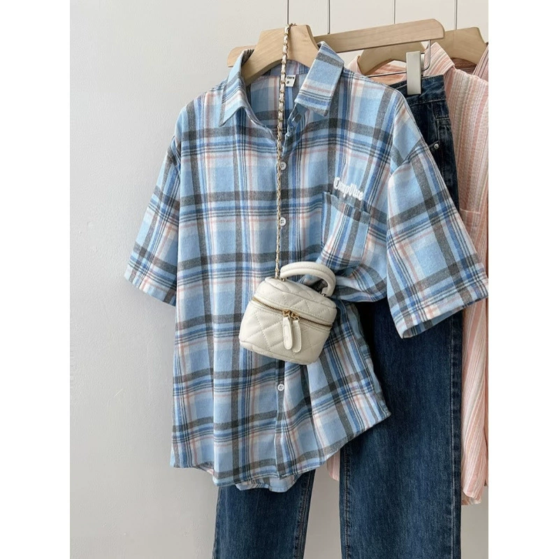 Синяя клетчатая рубашка для женщин, весна-лето 2024, многослойная верхняя одежда, дизайнерская нишевая модная верхняя рубашка, летняя рубашка с короткими рукавами