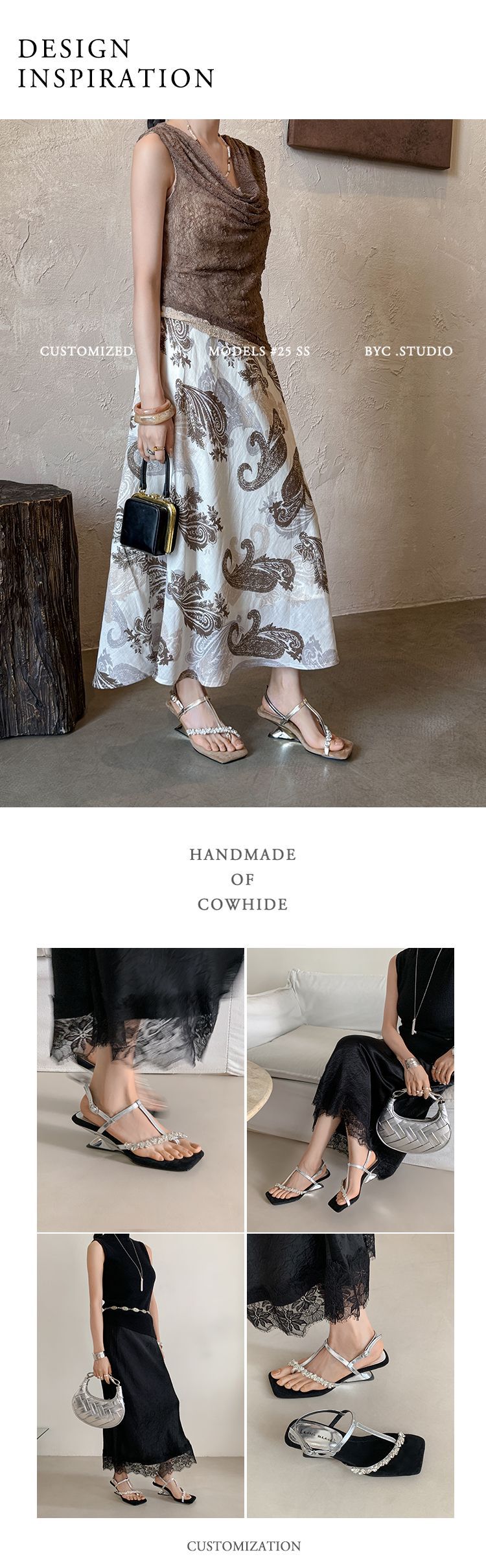 Sandal cao gót nữ mũi vuông hở ngón, quai ngang đính đá, gót dị hình — màu vàng, bạc chi tiết 1