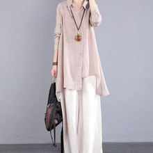 不规则设计感长袖衬衫春夏季中长款棉麻POLO领开衫上衣文艺复古女