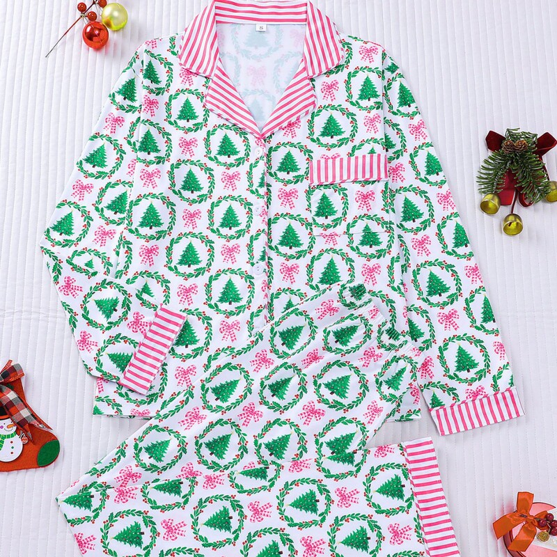 Foreign trade autumn and winter Christmas pajamas with printed pink stripes, turn-down collar, cardigan, long sleeves, long pants, home wear, European and American style pajamas Foreign trade autumn and winter Christmas pajamas with printed pink stripes, turn-down collar, cardigan, long sleeves, long pants, home wear, European and American style pajamas