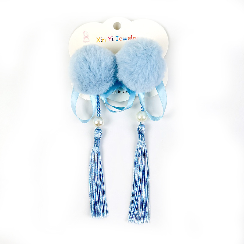 Bola de piel grande clip de pico de pato para niñas Hanfu estilo antiguo tocado de tela horquilla larga borla horquilla no duele el clip lateral del cabello hembra