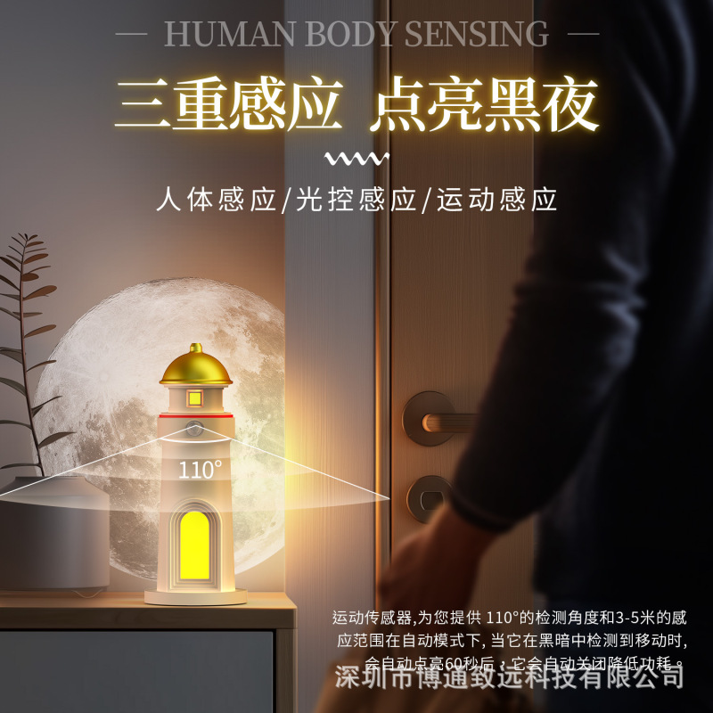 月光灯塔投影灯氛围夜灯礼物摆件遥控人体感应氛围灯小台灯|undefined