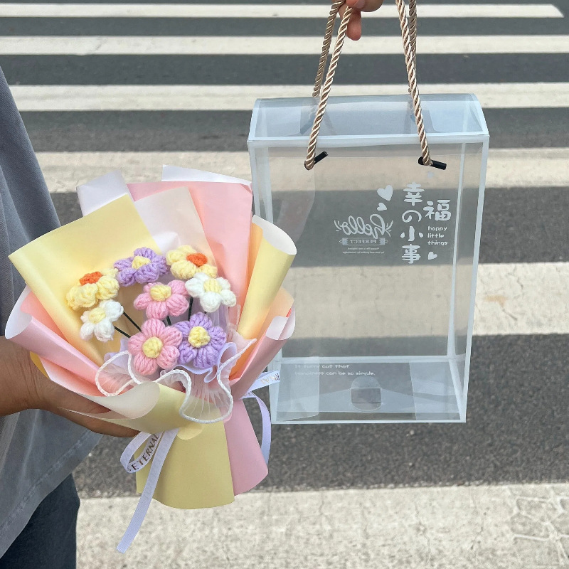 Regalos del día de San Valentín ganchido a mano flor de imitación puff lana ganchido ramo caja de regalo de enfermería para enviar al personal de novia