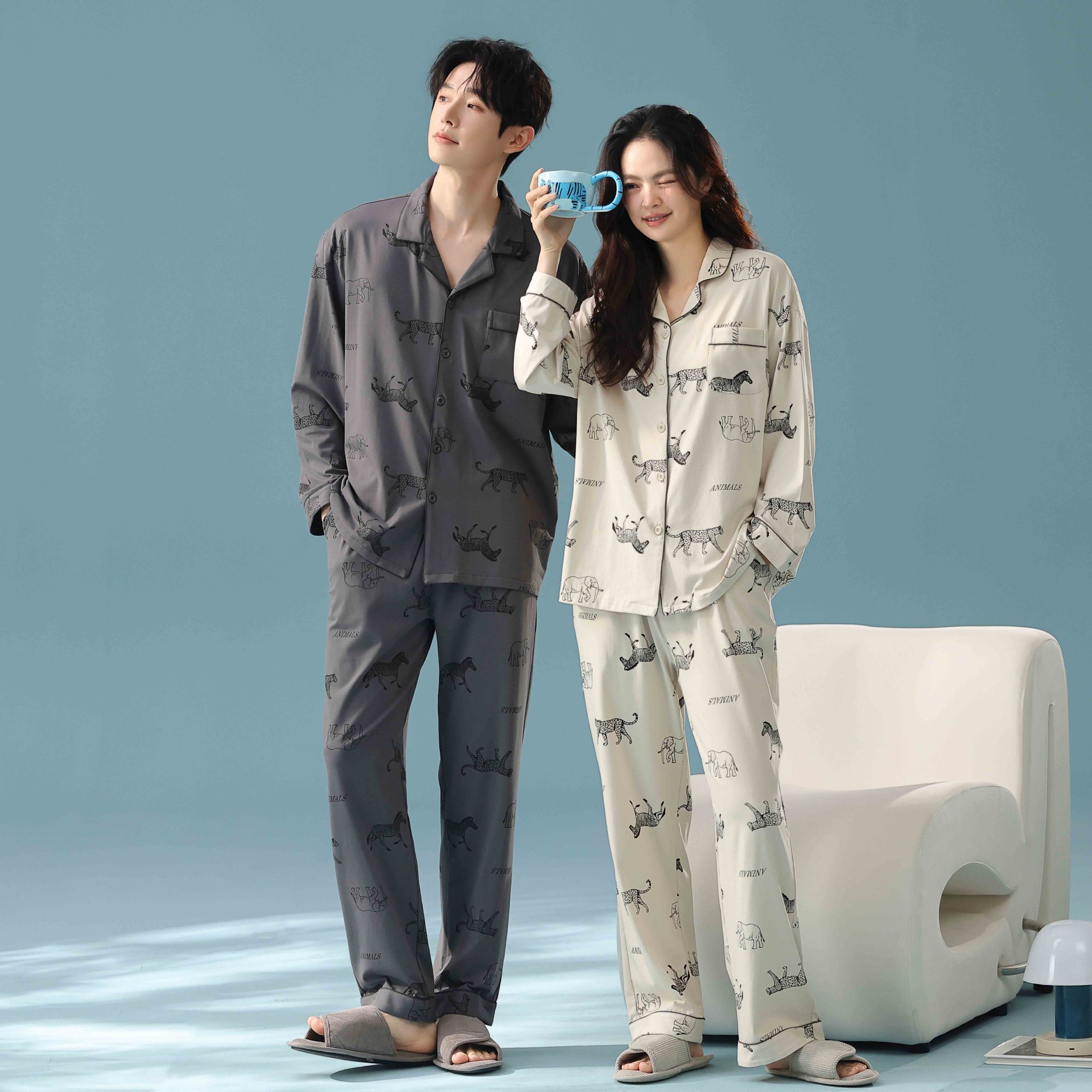 [Antibacterial Cotton] Couple Pajamas Autumn Women's Long Sleeve Cartoon Print Cardigan Home Clothes Men's Cotton Suit