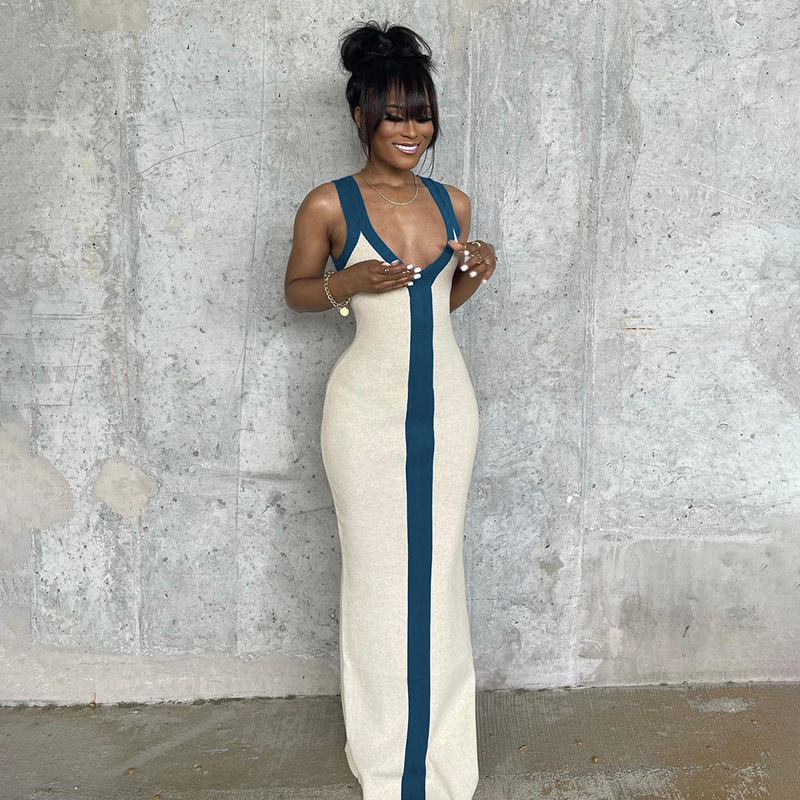 2024 Women's Slim-fit Sleeveless Pullover Sexy V-neck Wide Shoulder Strap Contrast Color Elegant dress Tail Split Long Dress 2024 Women's Slim-fit Sleeveless Pullover Sexy V-neck Wide Shoulder Strap Contrast Color Elegant dress Tail Split Long Dress