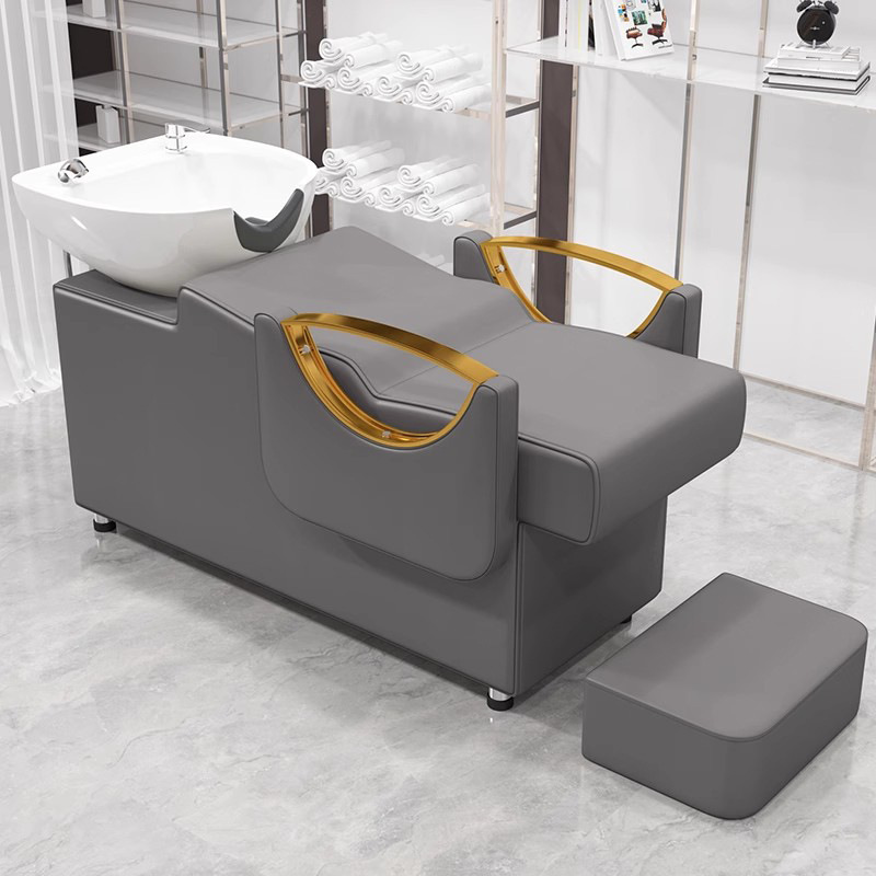 Peluquería Cama de champú Peluquería Masaje especial Terapia de cabeza Lavabo de cerámica Brazalanos de acero inoxidable Cama de champú de peluquería semi-reclinada