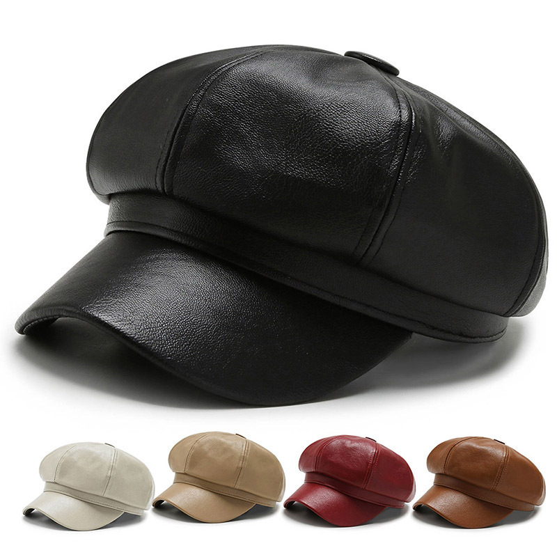 Cross-border PU leather octagonal hat, versatile for spring and autumn, with a glossy finish. This octagonal hat is a retro painter's hat, newsboy cap, or baseball cap, suitable for both men and women Cross-border PU leather octagonal hat, versatile for spring and autumn, with a glossy finish. This octagonal hat is a retro painter's hat, newsboy cap, or baseball cap, suitable for both men and women