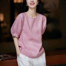 桃之夭夭 舒适透气呼吸感亚麻桃夭粉灯笼袖小衫法式减龄短袖上衣