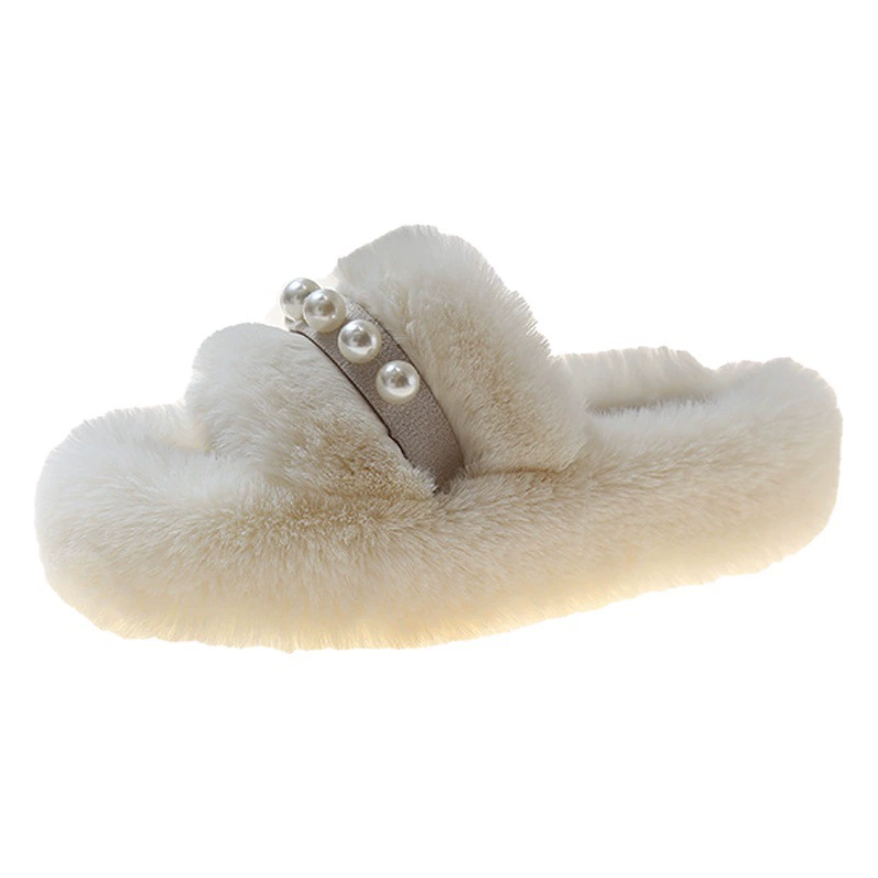 Пушистые тапочки для женщин, подходят для ношения на улице, новинка 2025 года в корейском стиле, модные тапочки в стиле инс, осенне-зимние тапочки на толстой подошве с жемчугом, весна-лето.