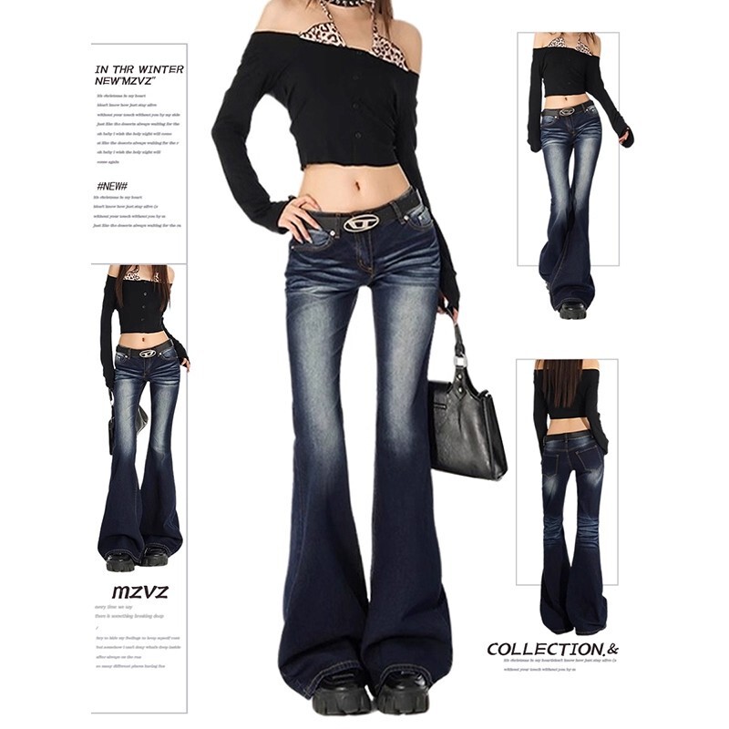 Nostalgic Blue Hot Girl Style Bootcut Jeans for Women, Summer Thin Low-Waist Slim Fit Straight Leg Bootcut Jeans for Small People