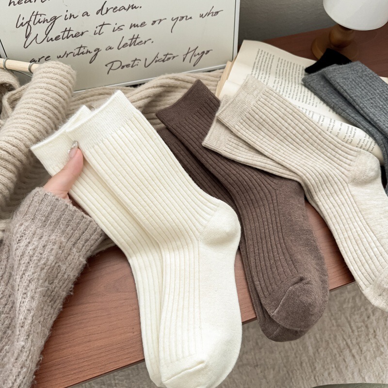 Socks Women's Double Needle Anti-Pilling Scrub Sheep Socks Wide Strip Women's Mid-Tube Socks Draw Strip Japanese Stacked Socks with Small Leather Shoes