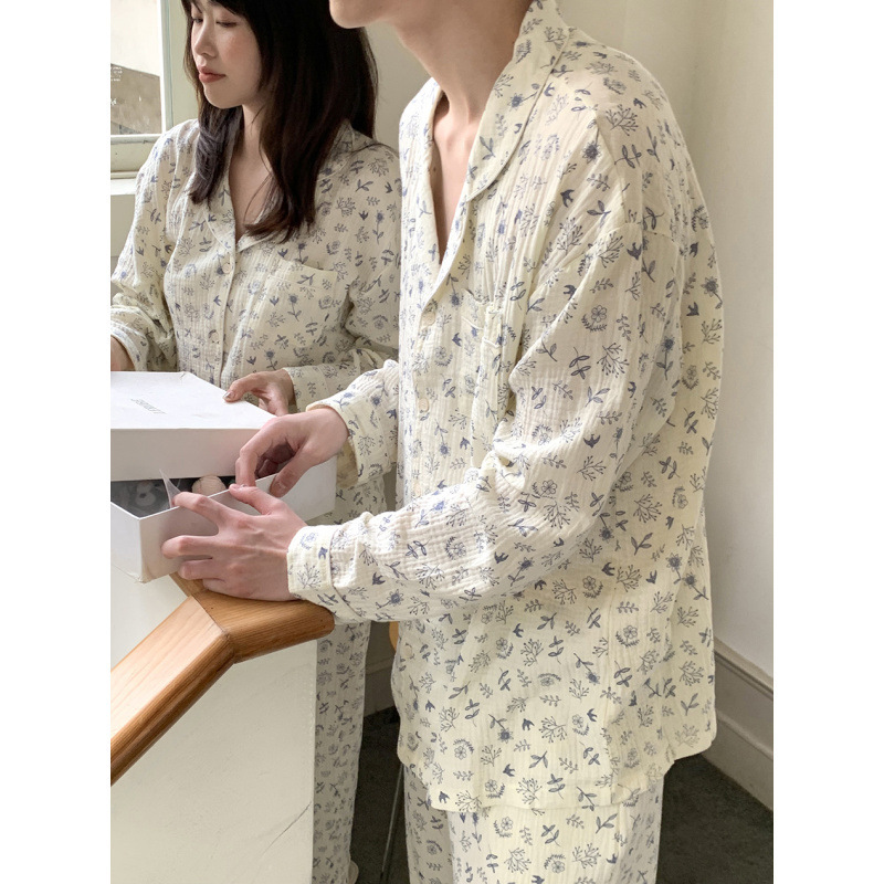Real Shot of 2026 Spring Korean Designer Printed Double-Layer Cotton Gauze Home Wear Pajama Set Wholesale for Export