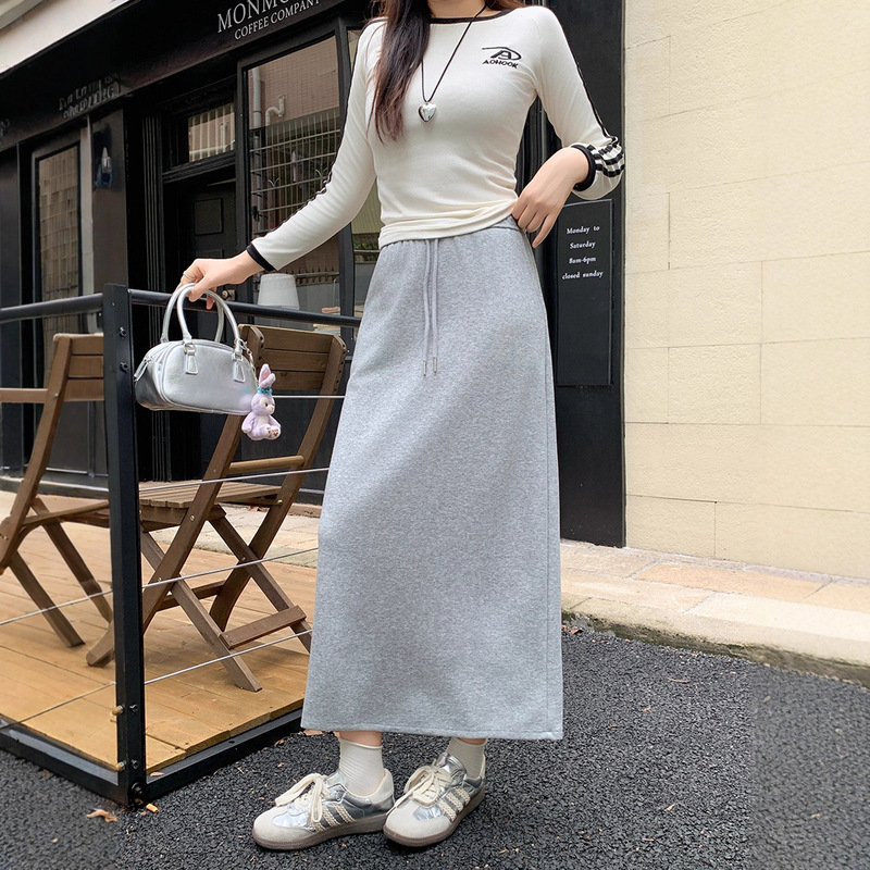 2025秋装新款胖mm大码女松紧腰显瘦抽绳腰大摆百搭后开叉半身裙|undefined