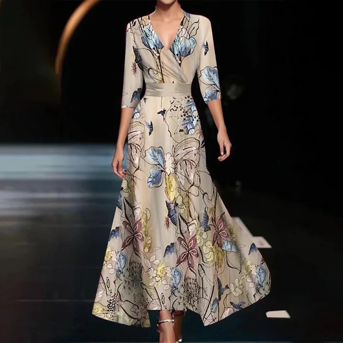 2025 European and American Clothing Amazon V-Neck Retro Printed Waist Dress New Three-Quarter Sleeve Elegant Long Skirt