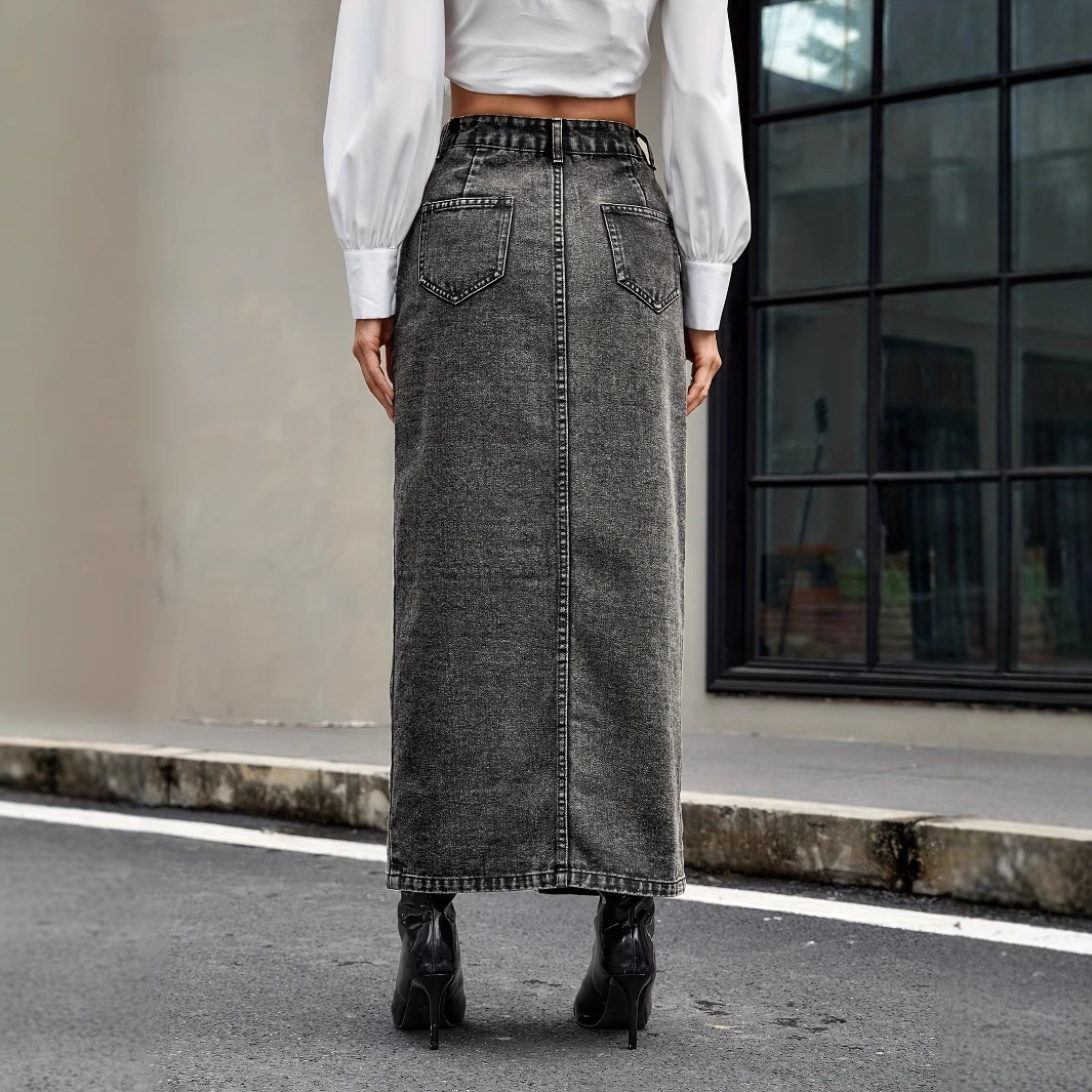 Women's Clothing Retro Trend Slit Multi Button Denim Skirt_voghion.com