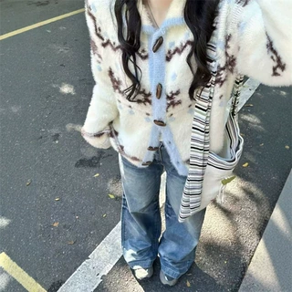 氛围感慵懒软糯百搭撞色针织毛衣女韩系费尔岛雪花图案针织开衫女