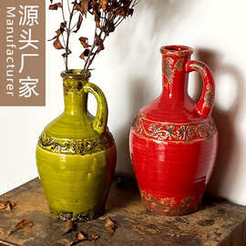 跨境亚马逊复古美式风格仿古做旧陶瓷花瓶 手工浮雕摆件花器欧式