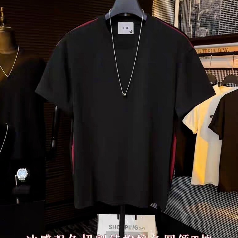 Summer Trendy Color-Blocking Cut-Out Design Round Neck Short-Sleeve Men's Light Luxury Niche Design Fashion Versatile Casual T-Shirt Summer Trendy Color-Blocking Cut-Out Design Round Neck Short-Sleeve Men's Light Luxury Niche Design Fashion Versatile Casual T-Shirt