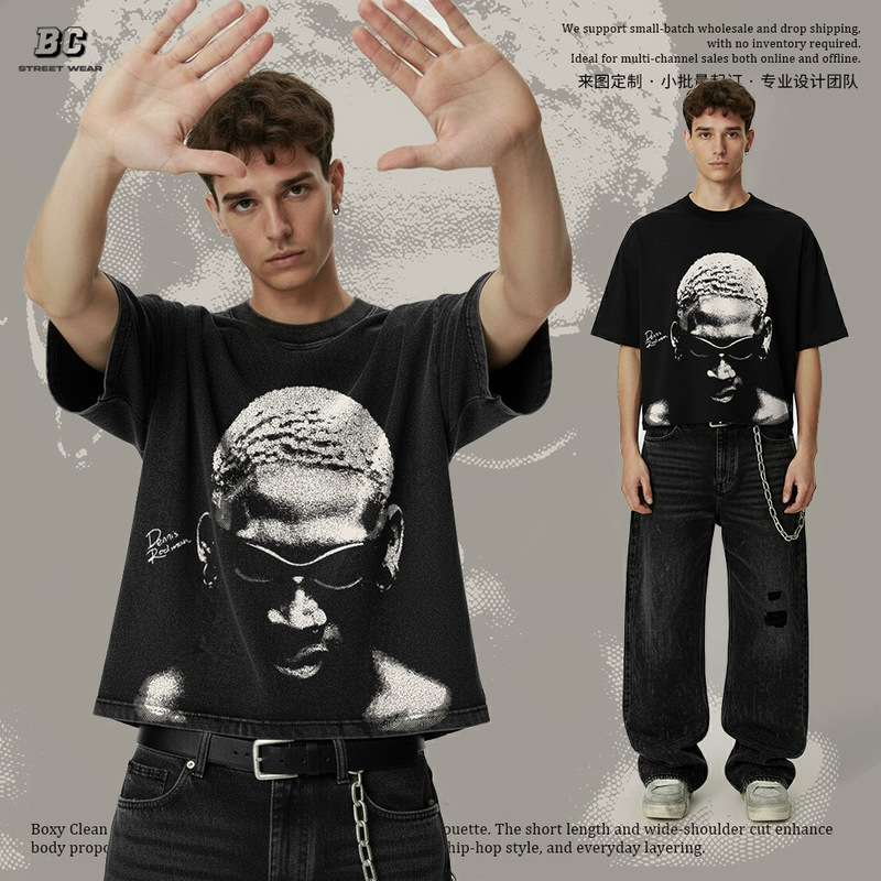Cross-Border American Retro Rodman Boxy Clean Fi Short Wide Printed T-Shirt Crop Cropped Cross-Border American Retro Rodman Boxy Clean Fi Short Wide Printed T-Shirt Crop Cropped