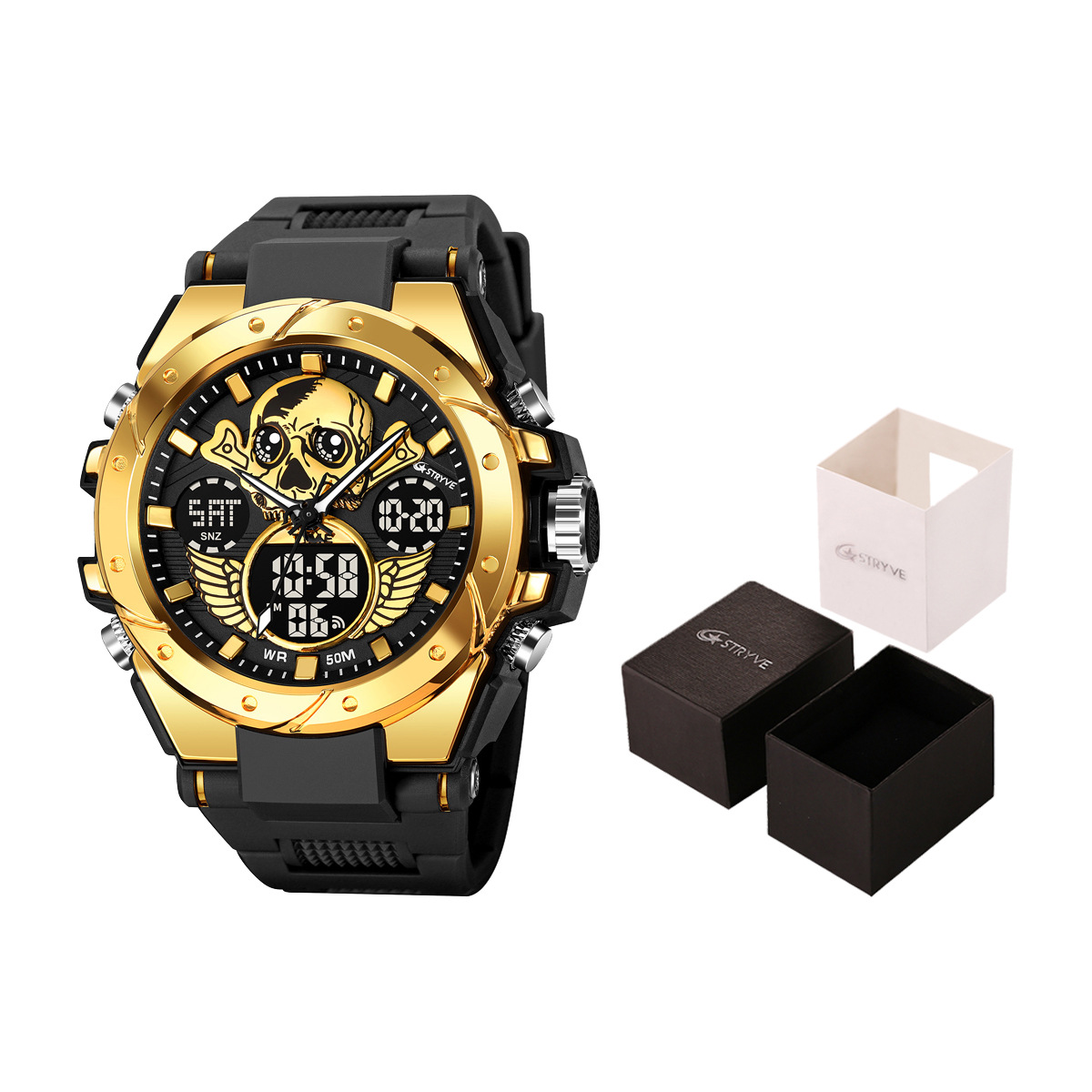 STRYVE e-commerce hombres deportes cráneo luminoso electrónico impermeable reloj multifuncional reloj entrega de una pieza 8008