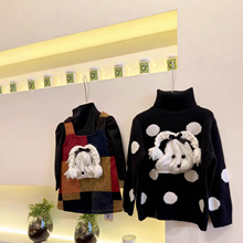 一起玩亲子装冬季新款母女装波点毛衣中长款翻领毛衣女童卡通毛衣