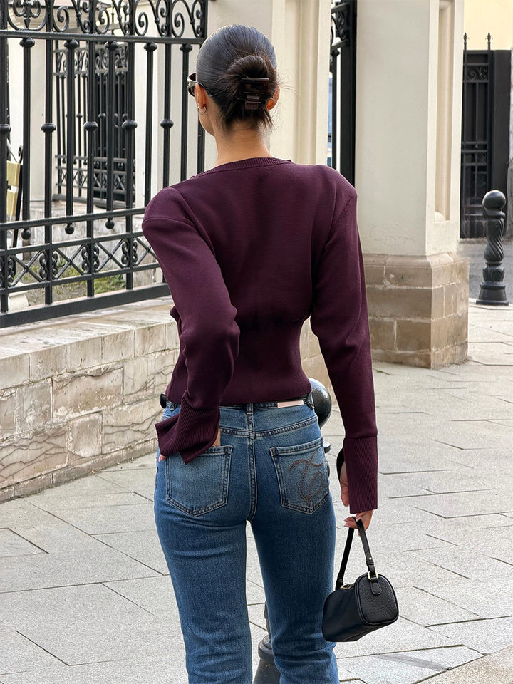 Áo len cardigan nữ cổ tròn dáng ôm thắt eo tay dài cổ tay xẻ, dài áo 50–65 cm — Vàng nhạt, Xanh da trờicolor, màu nâu, màu tím chi tiết 7