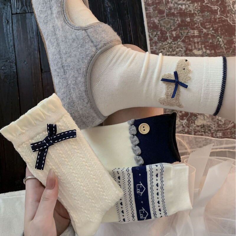 Retro Fair Isle Button Socks for Women, Simple Navy Blue Jewelry Socks, Polka Dot Bow, Korean Puppy Mid-Calf Cotton Socks Retro Fair Isle Button Socks for Women, Simple Navy Blue Jewelry Socks, Polka Dot Bow, Korean Puppy Mid-Calf Cotton Socks