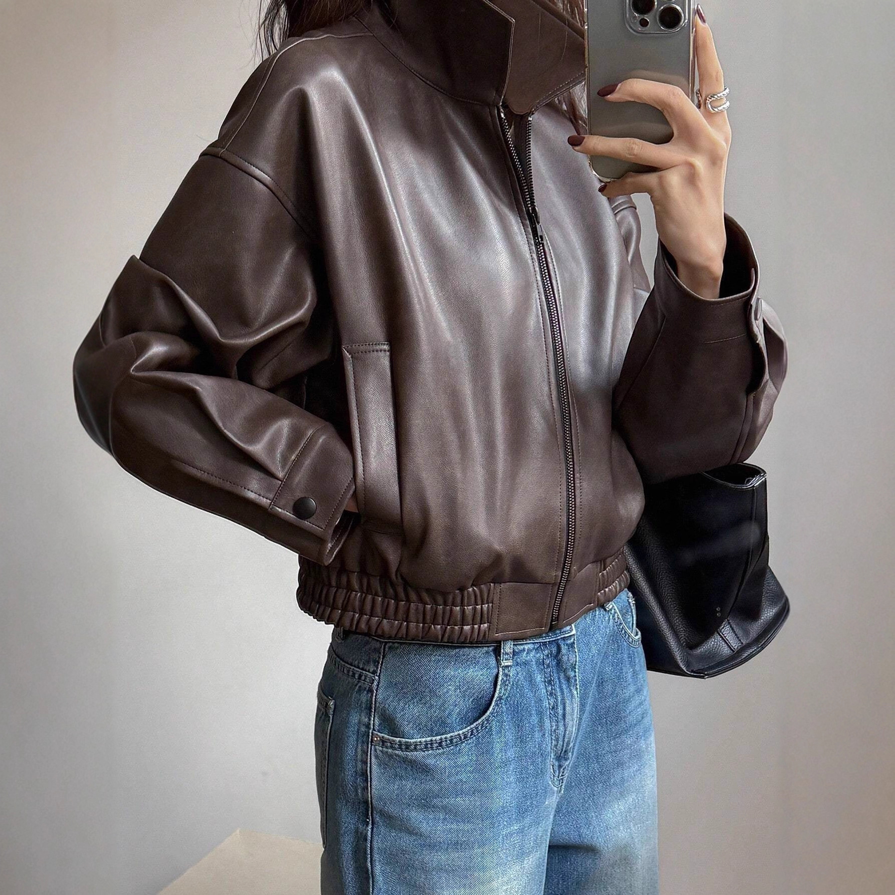 Cross-Border Amazon European and American Leather Jacket Women's Motorcycle Jacket Pu Leather Retro Jacket Long-Sleeved Leather Jacket Autumn and Winter New Style
