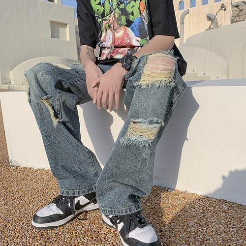 American Street Ripped Denim Jeans for Men - Summer Hong Kong Style Trendy Straight Leg Long Pants - INSA Trend Brand Street Bum Pants