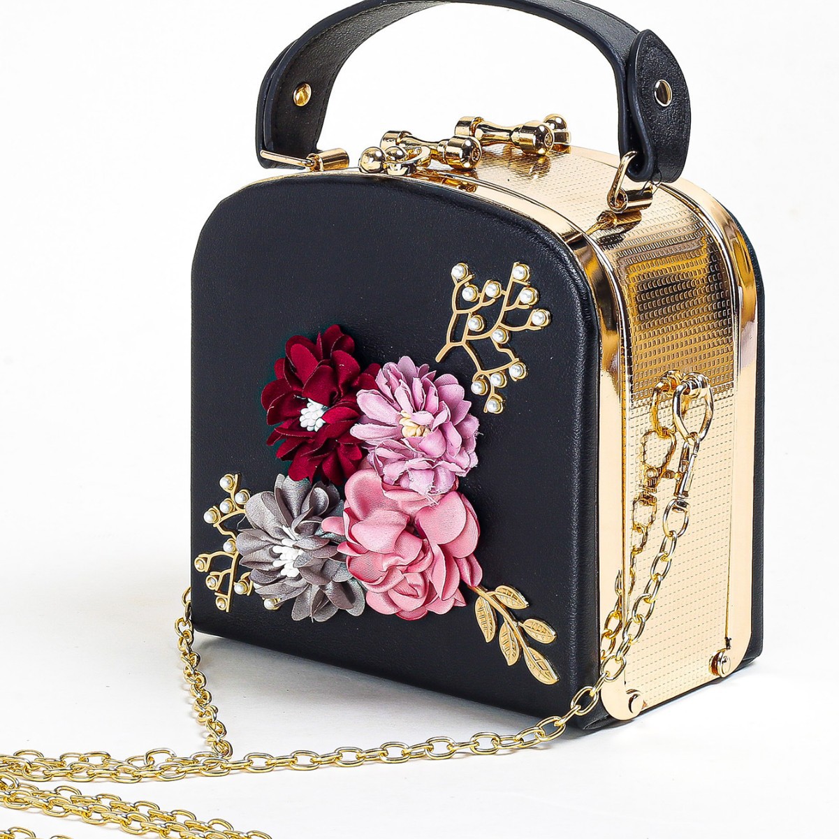 女性时尚 花卉装饰 实心 PU 皮革手拿包，仿珍珠大金属框架晚宴链