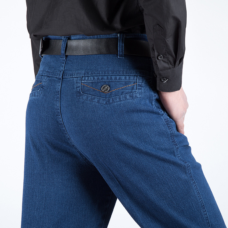 Men's Jeans for Spring and Autumn, High-Waisted, Straight-Leg, Loose-Fitting, Stretchy, Suitable for Middle-Aged and Elderly, Thin Summer Style, Extra Large Size