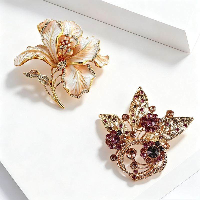 Vintage enamel floral brooch, high-end diamond-encrusted pearl flower pin, suitable for suits and outerwear, cross-border jewelry