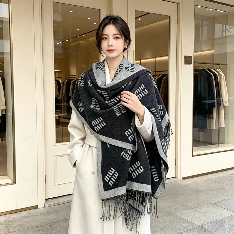 2026 New Korean Style Letter Print Imitation Cashmere Scarf for Women, Double-Sided Tassel Large Shawl, Autumn and Winter Warm Neck Warmer with a High-End Feel