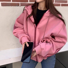 莓粉色美式连帽卫衣2025年新款秋冬季宽松慵懒风开衫加绒外套女