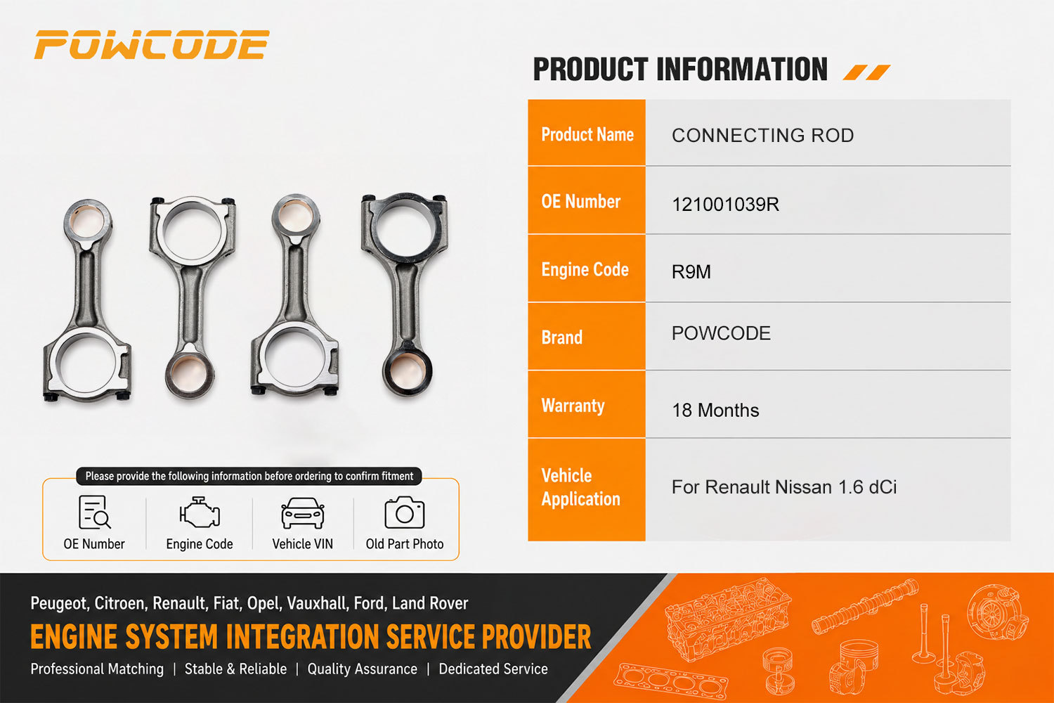 121001039R is a brand new connecting rod suitable for Renault R9M and Mercedes-Benz 1.6dci engines