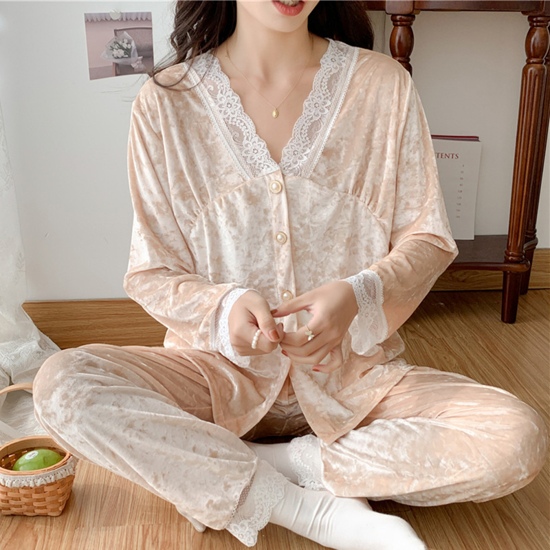 Autumn New Pajamas for Women Diamond Gold Velvet Long-Sleeved Pants Suit Lace Cardigan Two-Piece Home Wear Set