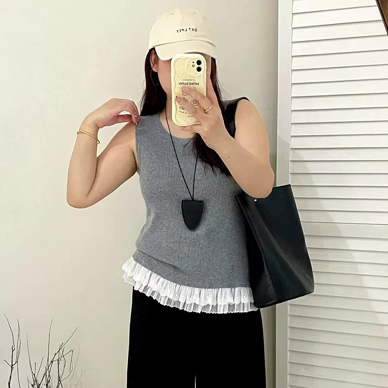 大码外穿内搭背心女拼接花边无袖上衣2025秋胖mm百搭针织衫23150