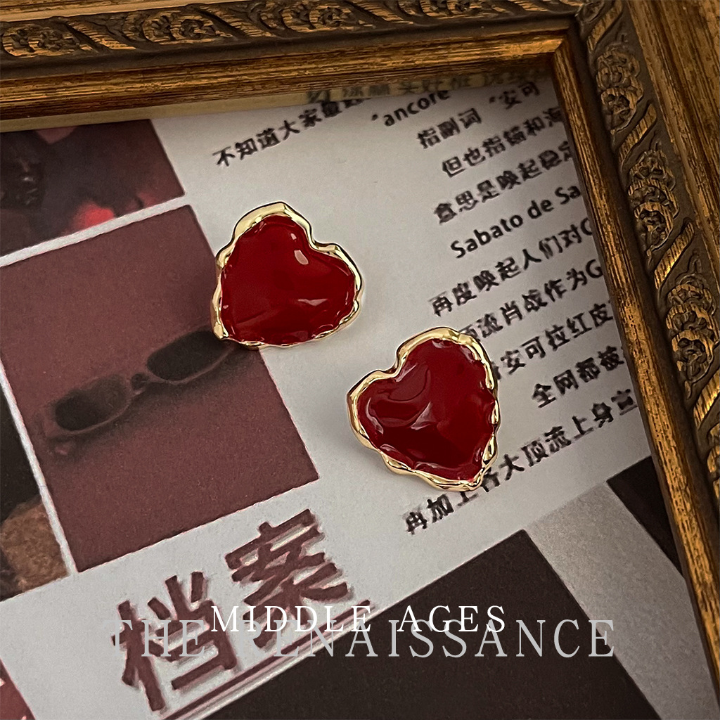 Vintage heart shaped anchor red earrings oil drop retro French