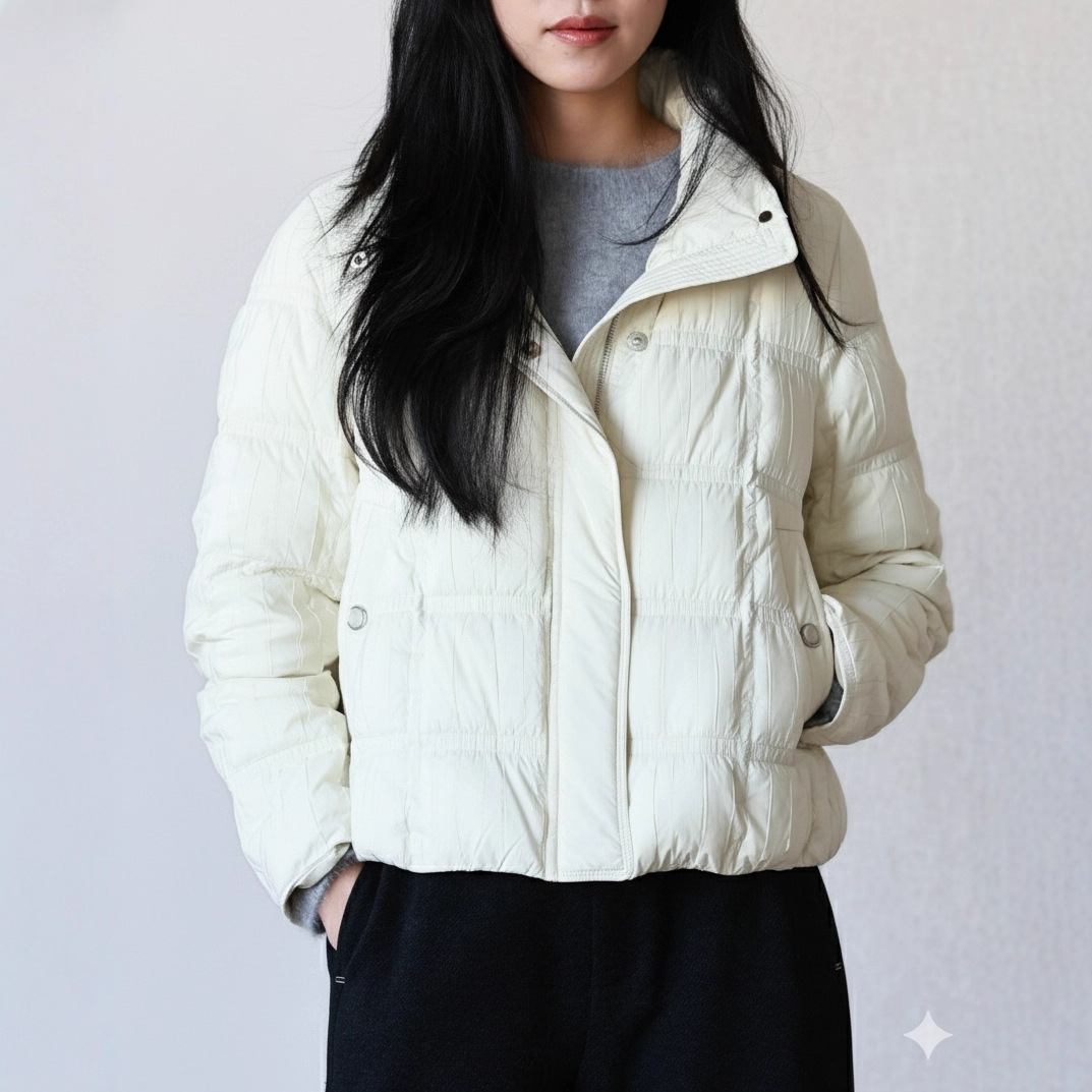 Luxurious and Warm, Versatile and Traceable 90 White Goose down Short down Jacket, Stand-Up Collar Pleated Warm Jacket for Women
