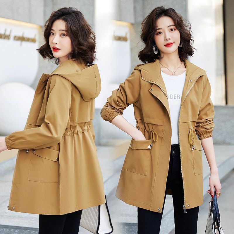 Cross-Border Hot-Selling 2025 Autumn and Winter New Korean Style Hooded Slim-Fit Thin Trench Coat for Women, Mid-Length Jacket