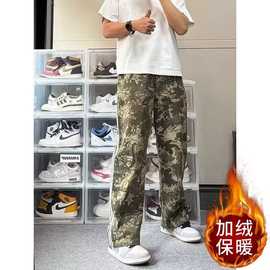 三条杠迷彩工装裤男秋冬加绒2025新款冲锋裤美式复古直筒休闲裤子